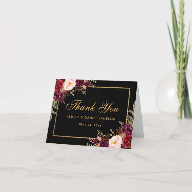 Carte de remerciement de mariage floral burgundy n (Devant)