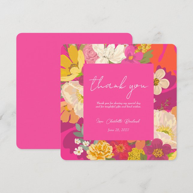 Carte de remerciement de mariage floral rose pour  (Devant / Derrière)