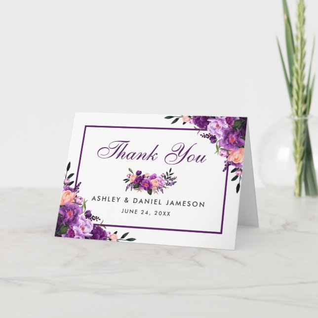 Carte de remerciement de mariage floral violet ult (Devant)