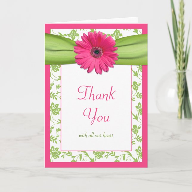 Carte de remerciement de mariage florale rose vert (Devant)