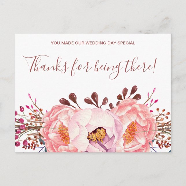Carte de remerciement de mariage florale rubis ros (Devant)