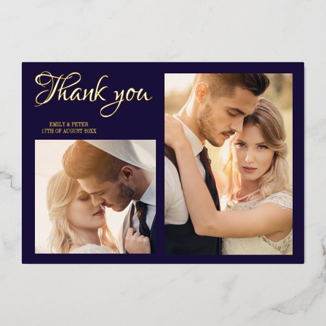 Carte de remerciement de mariage moderne bleu mari (Recto)