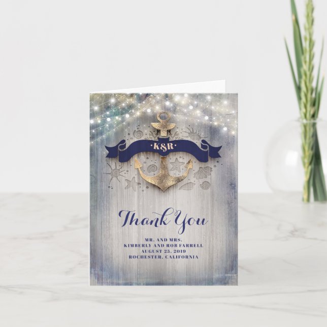 Carte de remerciement de mariage nautique Ancre Do (Devant)