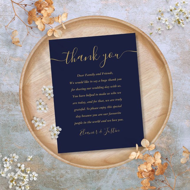 Carte de remerciement de mariage Navy Blue Gold (Script Thank You Navy Blue Gold Wedding Place Card)