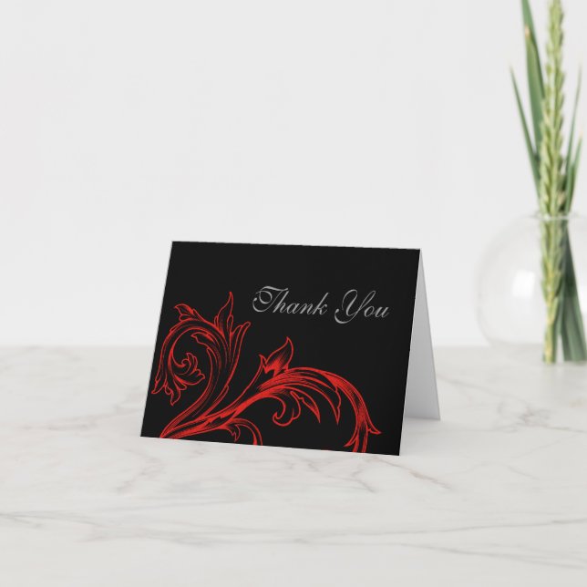 Carte de remerciement de mariage noir et rouge vin (Devant)