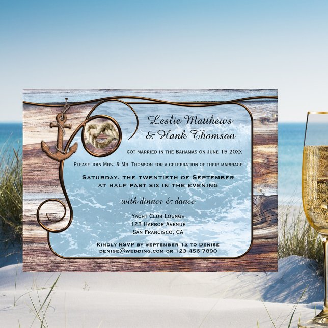 Carte de Remerciement de Mariage ou Faire-Part de  (After wedding invitation featuring an ocean framed by rustic wood, an anchor and rope knot)