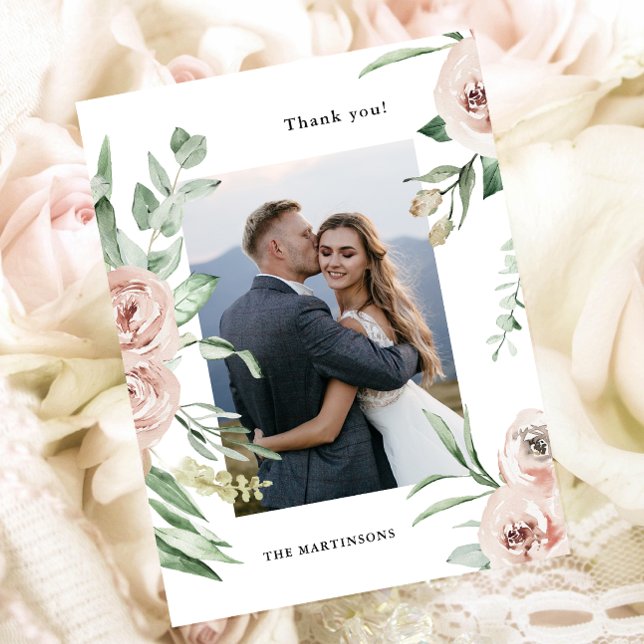 Carte de remerciement de mariage photo florale ros (Créateur téléchargé)
