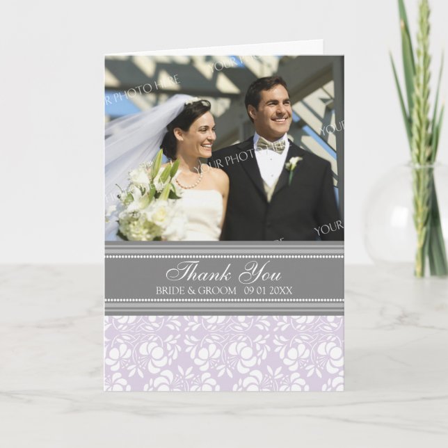 Carte de remerciement de mariage photo gris lilas (Devant)