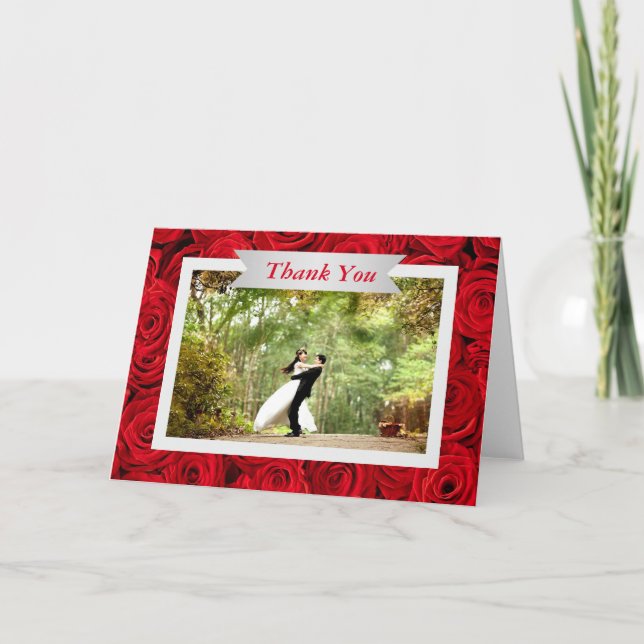 Carte de remerciement de mariage photo rose rouge (Devant)