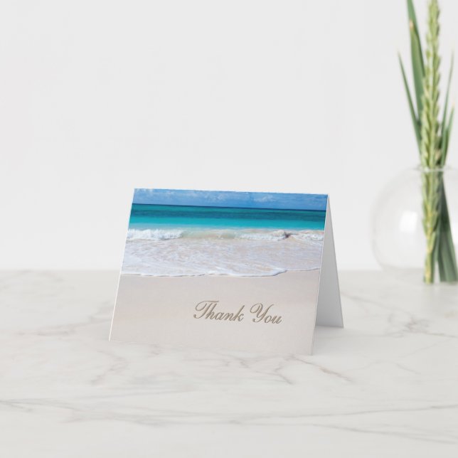 Carte de remerciement de mariage sur la plage blan (Devant)