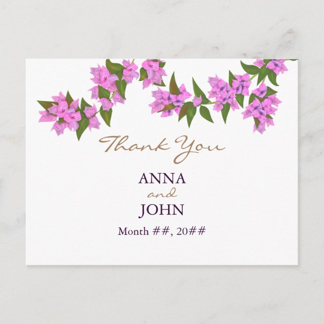 Carte de remerciement de mariage tropical Bougainv (Devant)