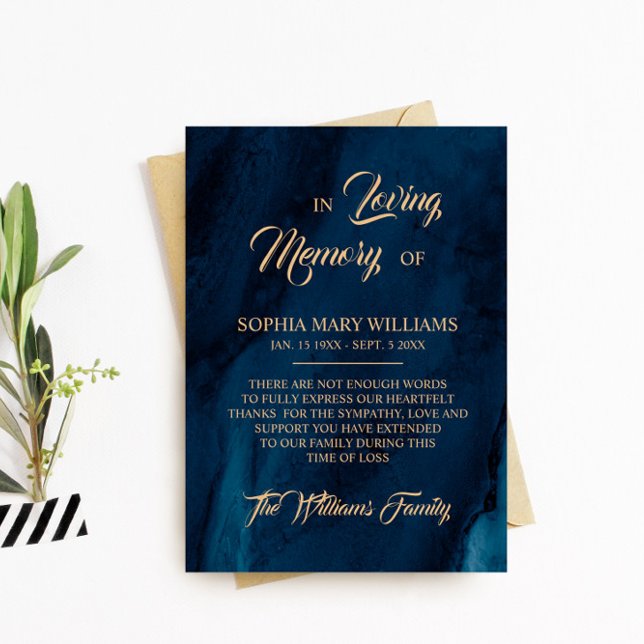 Carte de remerciement de sympathie Navy Blue & Gol (Créateur téléchargé)