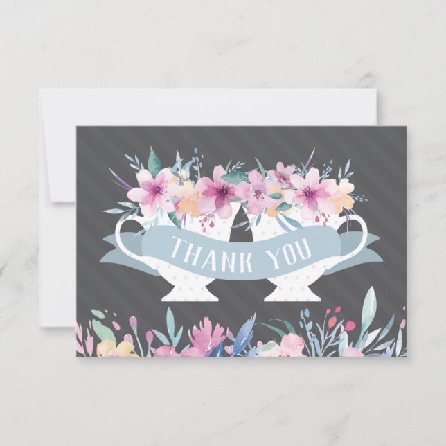 Carte de remerciement de tasse à thé avec des fleu (Devant)