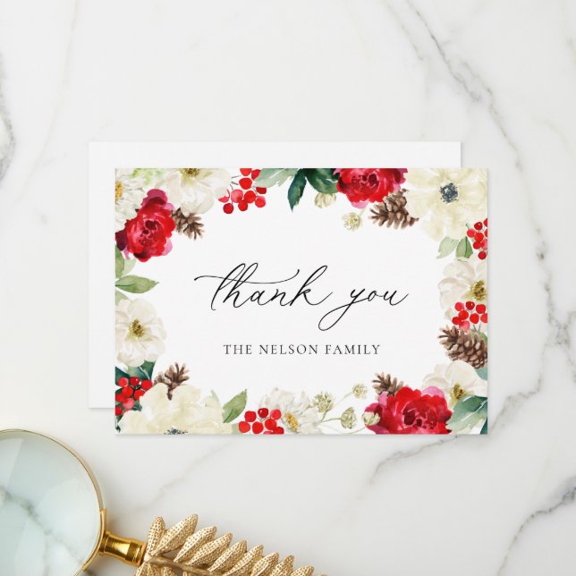 Carte de remerciement de vacances de Noël à fleurs (Devant/Arrière en situation)