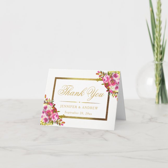 Carte de remerciement élégante à cadre doré Floral (Devant)