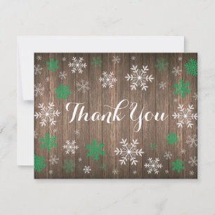 Carte de remerciement en bois rustique hiver floco