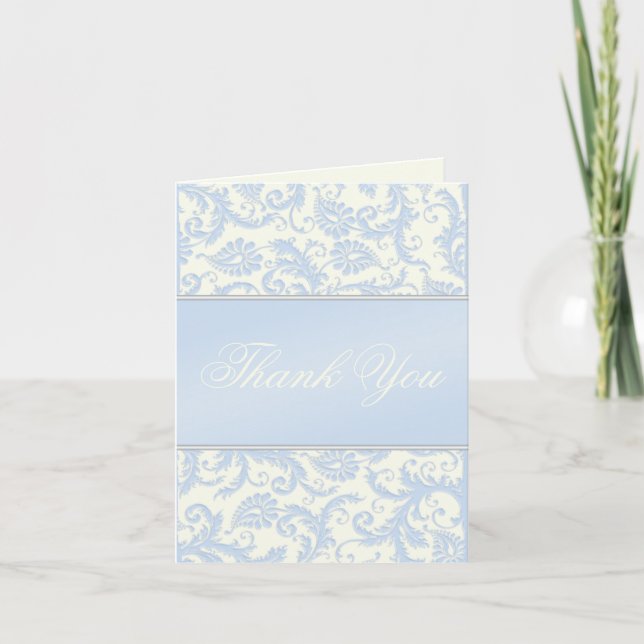 Carte de remerciement en damas bleu et ivoire (Devant)
