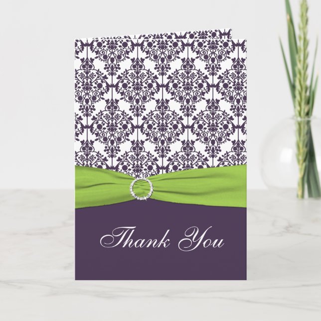Carte de remerciement en damas lime et violet (Devant)