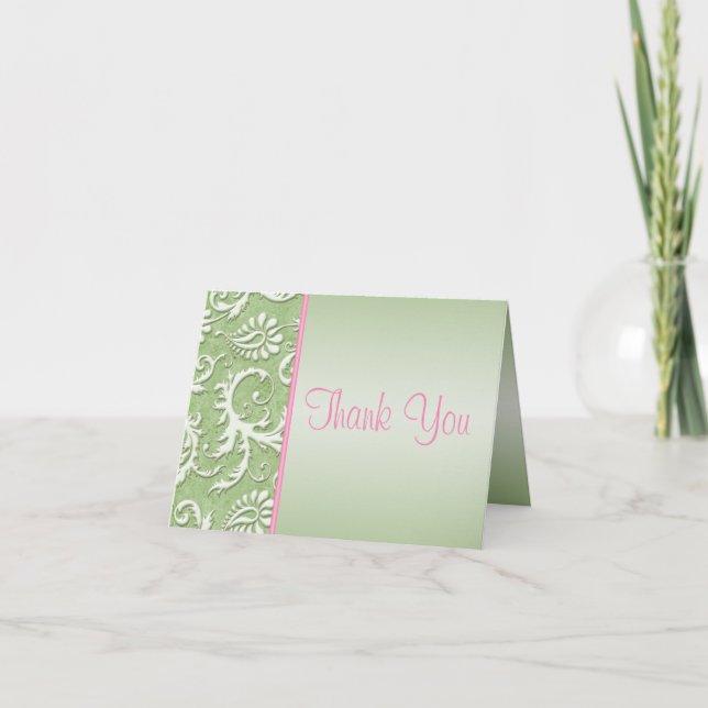 Carte de remerciement en damas rose et vert (Devant)