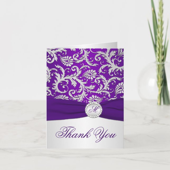 Carte de remerciement en damas violet et argent Mo (Devant)