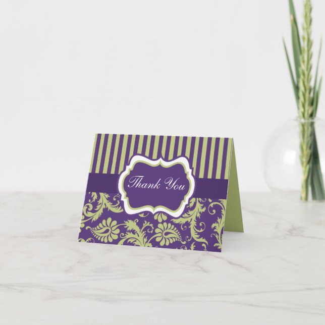 Carte de remerciement en damas violet, vert et bla (Devant)