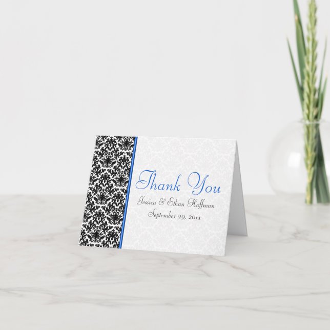 Carte de remerciement en damassé bleu, blanc et no (Devant)