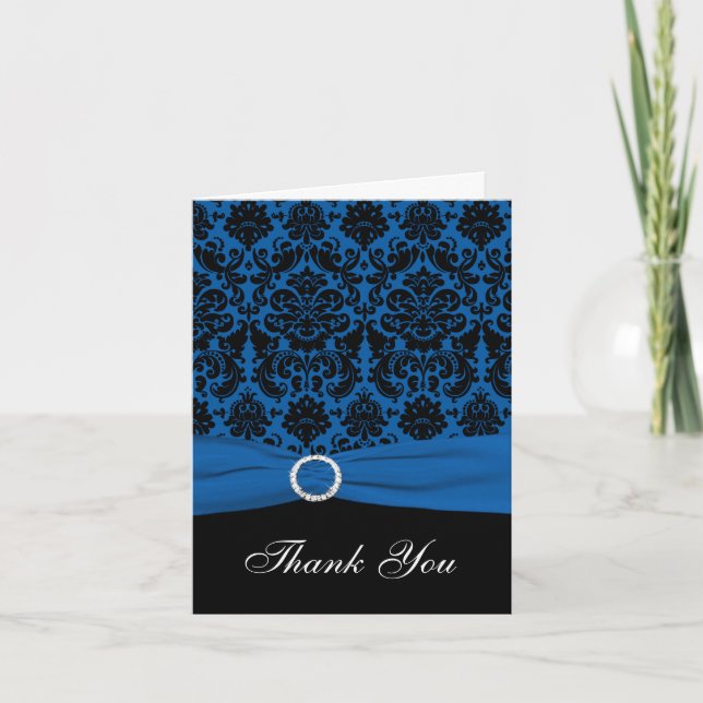 Carte de remerciement en damassé bleu cobalt et no (Devant)