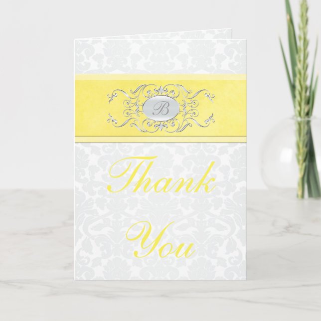 Carte de remerciement en damassé jaune et gris (Devant)