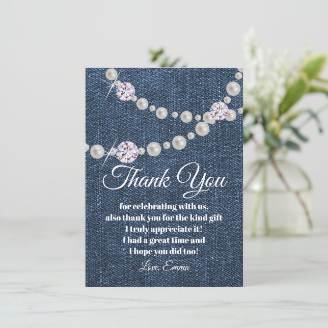 carte de remerciement en denim et perle de diamant (Debout devant)