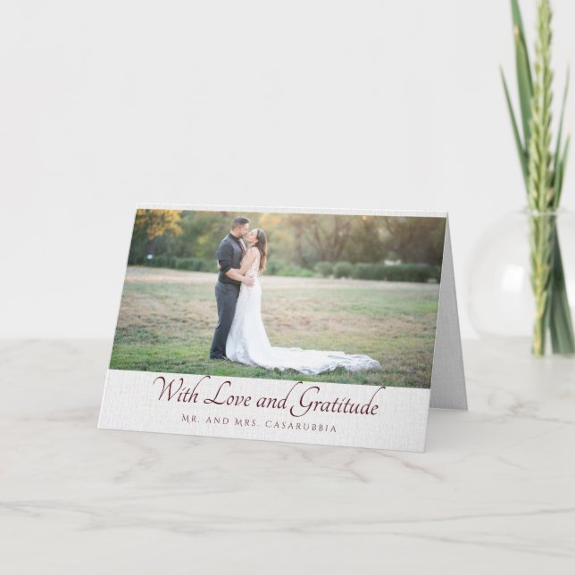Carte de remerciement en lin blanc avec amour et g (Devant)