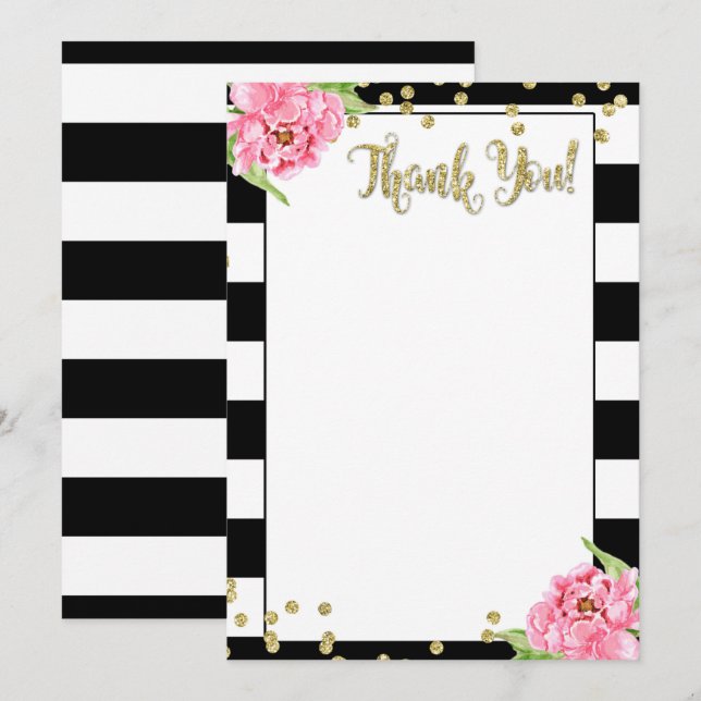Carte de remerciement Fleur de pivoine rose noir e (Devant / Derrière)