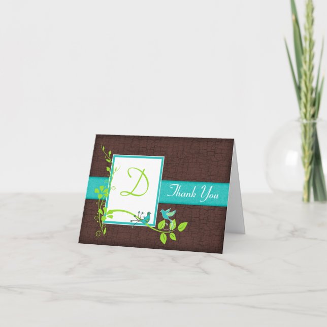 Carte de remerciement Fleurs Oiseaux Turquoise Ver (Devant)