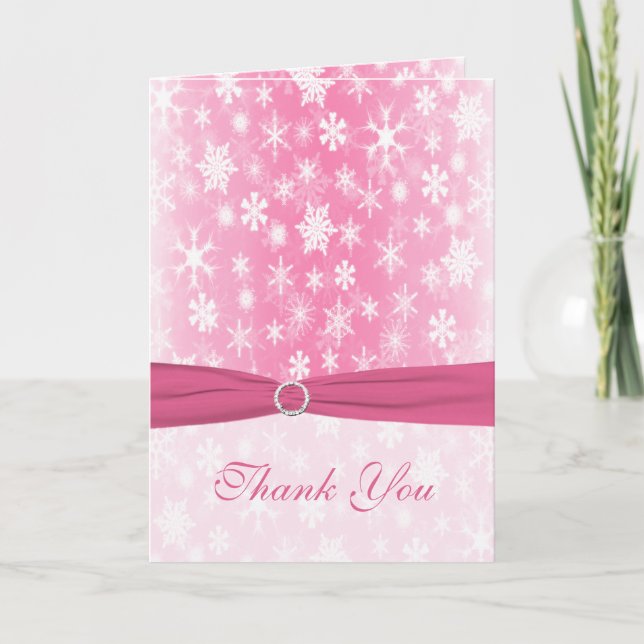 Carte de remerciement Flocons de neige roses et bl (Devant)