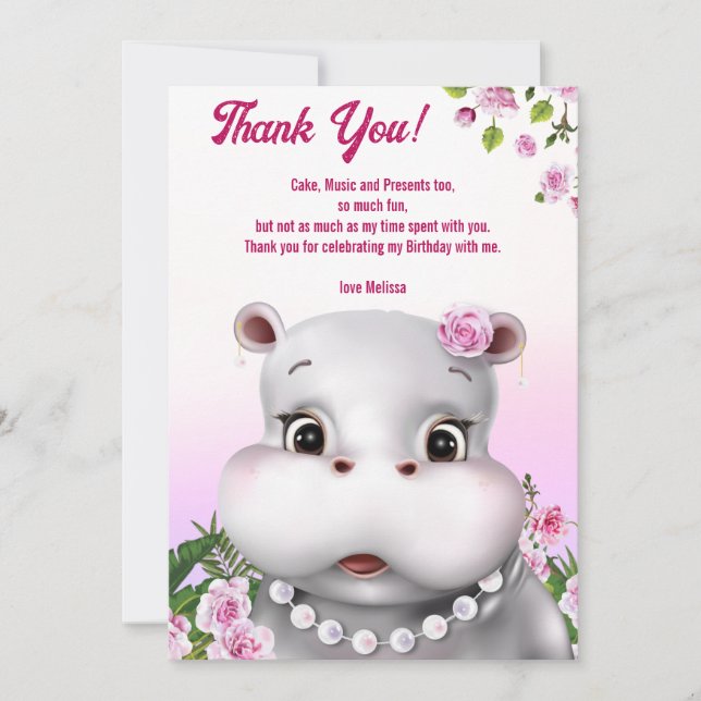 Carte de remerciement floral rose hippopotame (Devant)