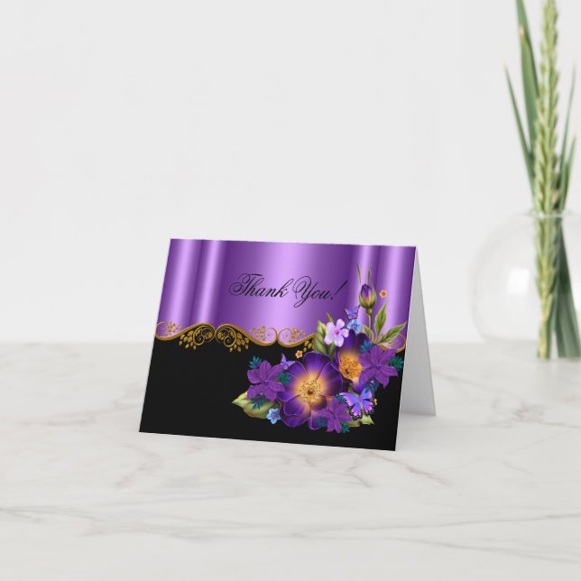 Carte de remerciement floral violet or noir (Devant)