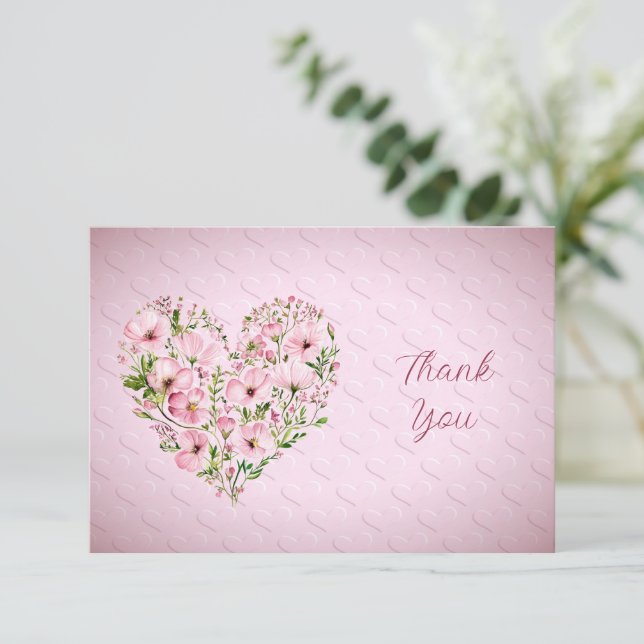 Carte de remerciement florale à cœur rose (Debout devant)