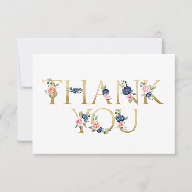Carte de remerciement florale à l'aquarelle Navy & (Devant)