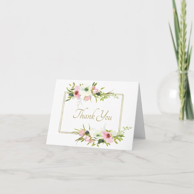 Carte de remerciement florale à l'aquarelle rose e (Devant)