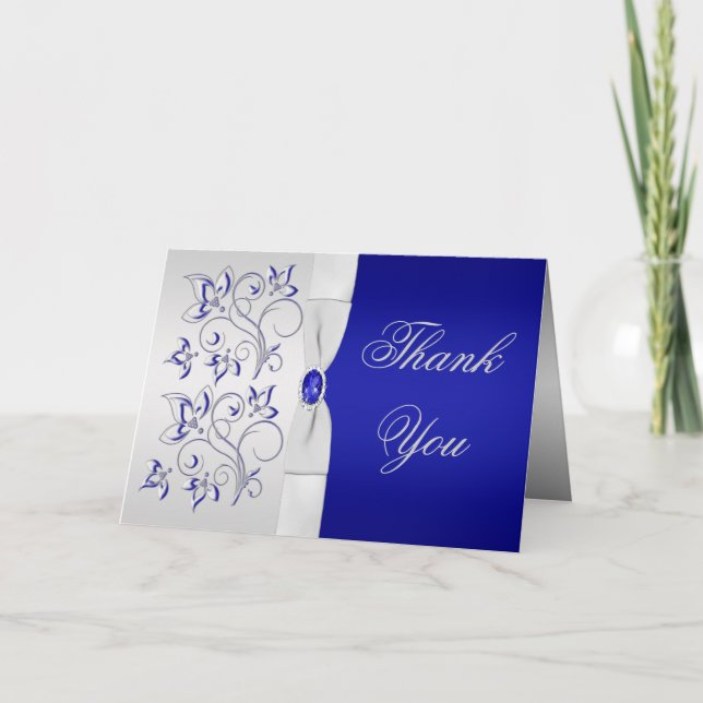 Carte de remerciement florale bleu royal et argent (Devant)