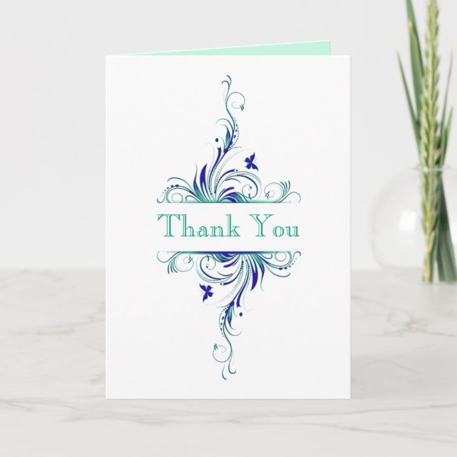 Carte de remerciement florale Bleu Vert Blanc Aqua (Devant)
