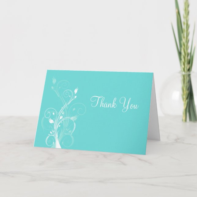 Carte de remerciement florale bleue aqua et blanch (Devant)