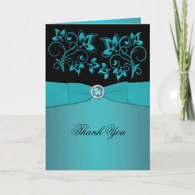Carte de remerciement florale en bleu-vert et noir (Devant)