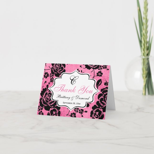 Carte de remerciement florale en damassé rose noir (Devant)