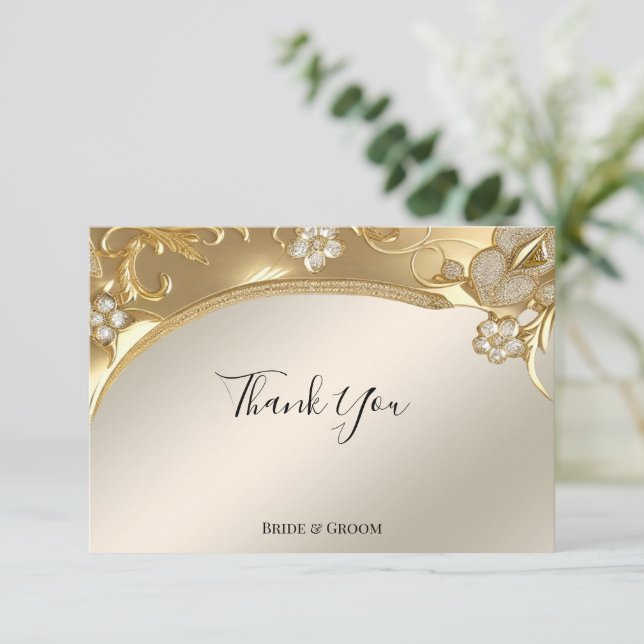 Carte de remerciement florale ornée d'or (Debout devant)