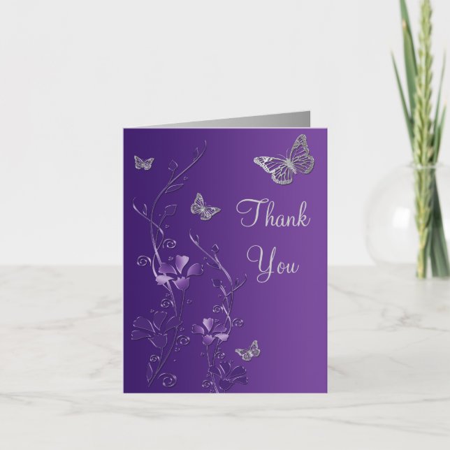 Carte de remerciement florale Papillon Argent Viol (Devant)