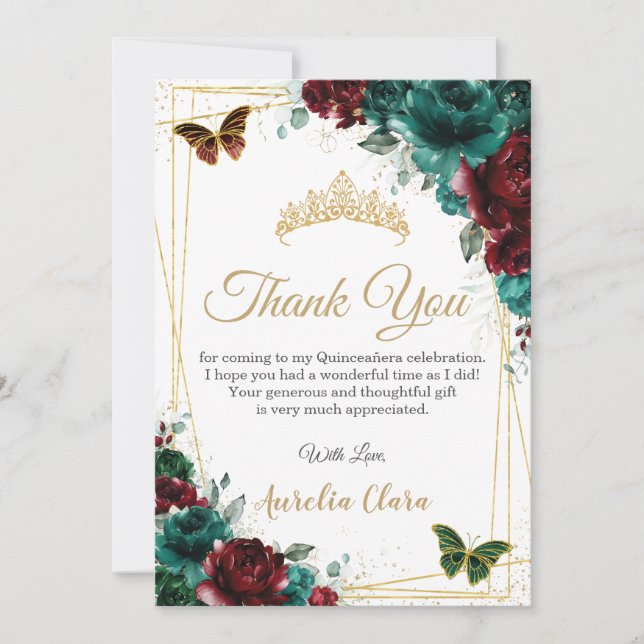 Carte de remerciement florale Quinceanera Émeraude (Devant)
