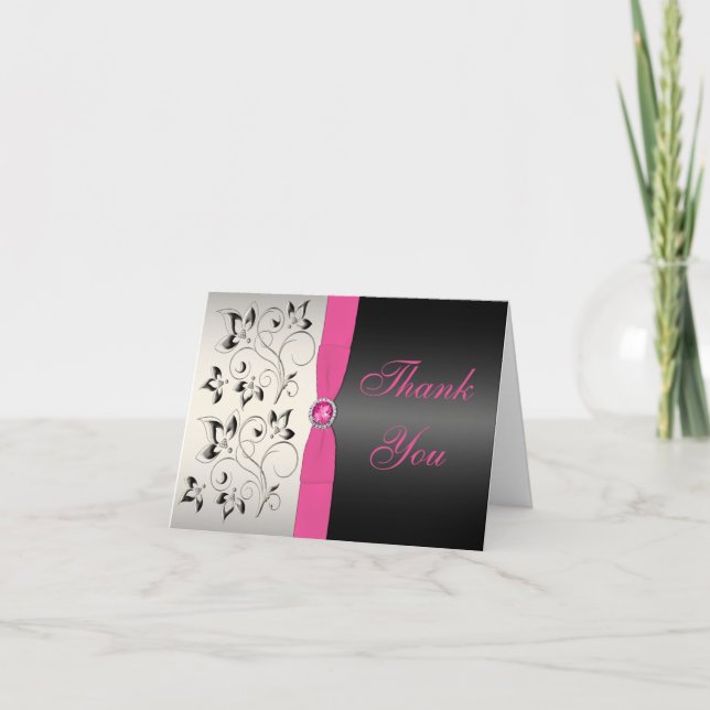 Carte de remerciement florale rose, argent et noir (Devant)