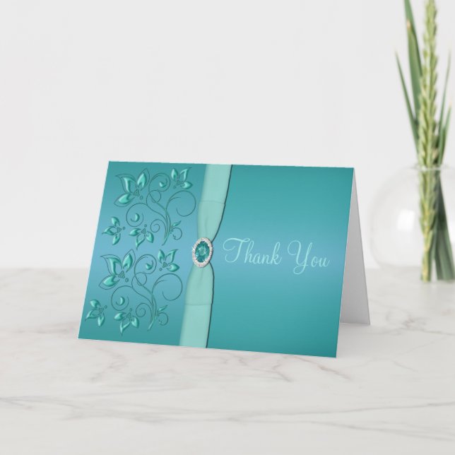 Carte de remerciement florale sarcelle et aqua (Devant)