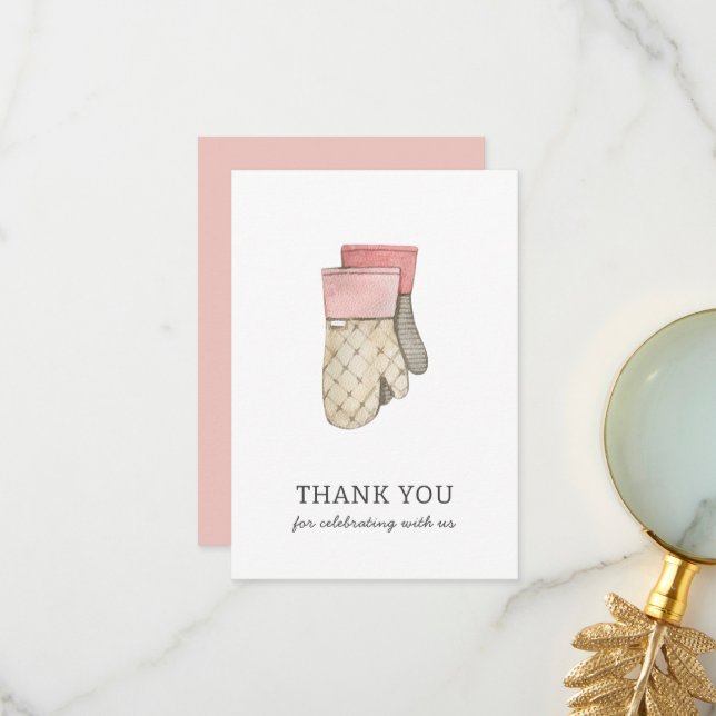 Carte de remerciement gants de cuisine roses (Devant/Arrière en situation)