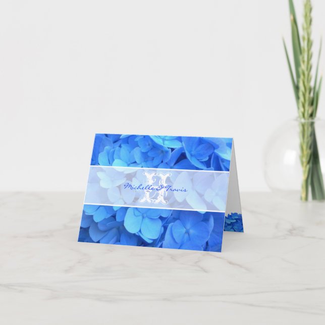 Carte de remerciement Hydrangea Bleu Monogramme (Devant)